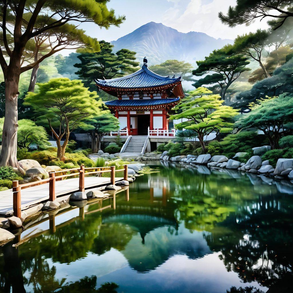 A serene landscape showcasing a peaceful Korean temple surrounded by lush greenery, with a contemplative figure practicing mindfulness by a calm pond. Incorporate elements of traditional Korean culture, such as hanbok attire and classic wooden structures, to symbolize mental wellness. Add abstract representations of counseling techniques, like dialog bubbles and calming colors, blending into the background. ethereal, watercolor style, vibrant colors.