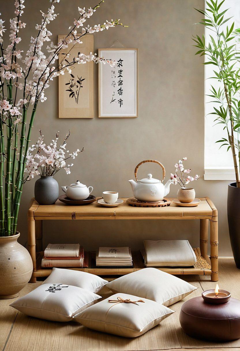 A serene scene depicting diverse Asian cultural symbols integrated into a tranquil study space, featuring elements like traditional tea sets, meditation cushions, and books on psychological wellness. Overlay a soft blend of natural elements like bamboo and cherry blossoms to represent harmony. Include warm, inviting lighting to enhance the feeling of comfort and wellness. super-realistic. vibrant colors. peaceful ambiance.