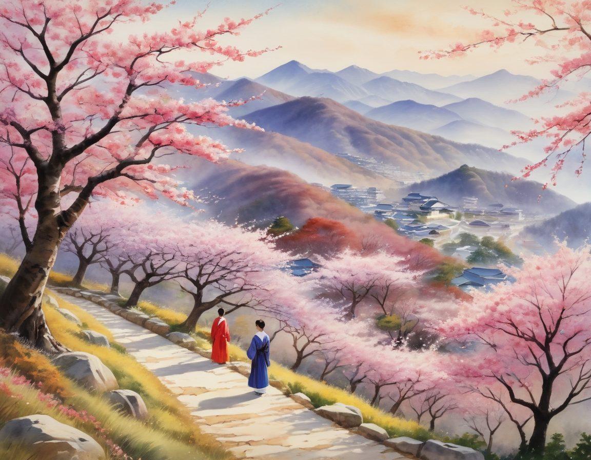 A serene mountainous landscape representing psychological landscapes, with intricate pathways winding through vibrant cherry blossom trees. In the foreground, diverse individuals engaging in supportive group discussions, embodying community and counseling. Soft, calming sunlight bathes the scene, creating a warm and inviting atmosphere. Elements of Korean culture subtly integrated into the environment such as traditional hanbok attire. watercolor painting. vibrant colors. peaceful vibe.